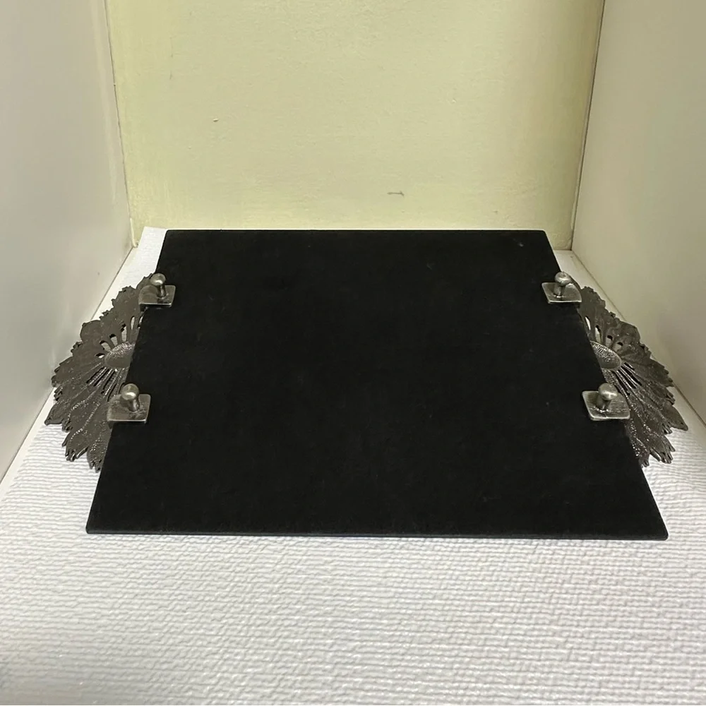 Vintage Enamel Rhinestone Pewter Peacock Mirror Vanity Tray